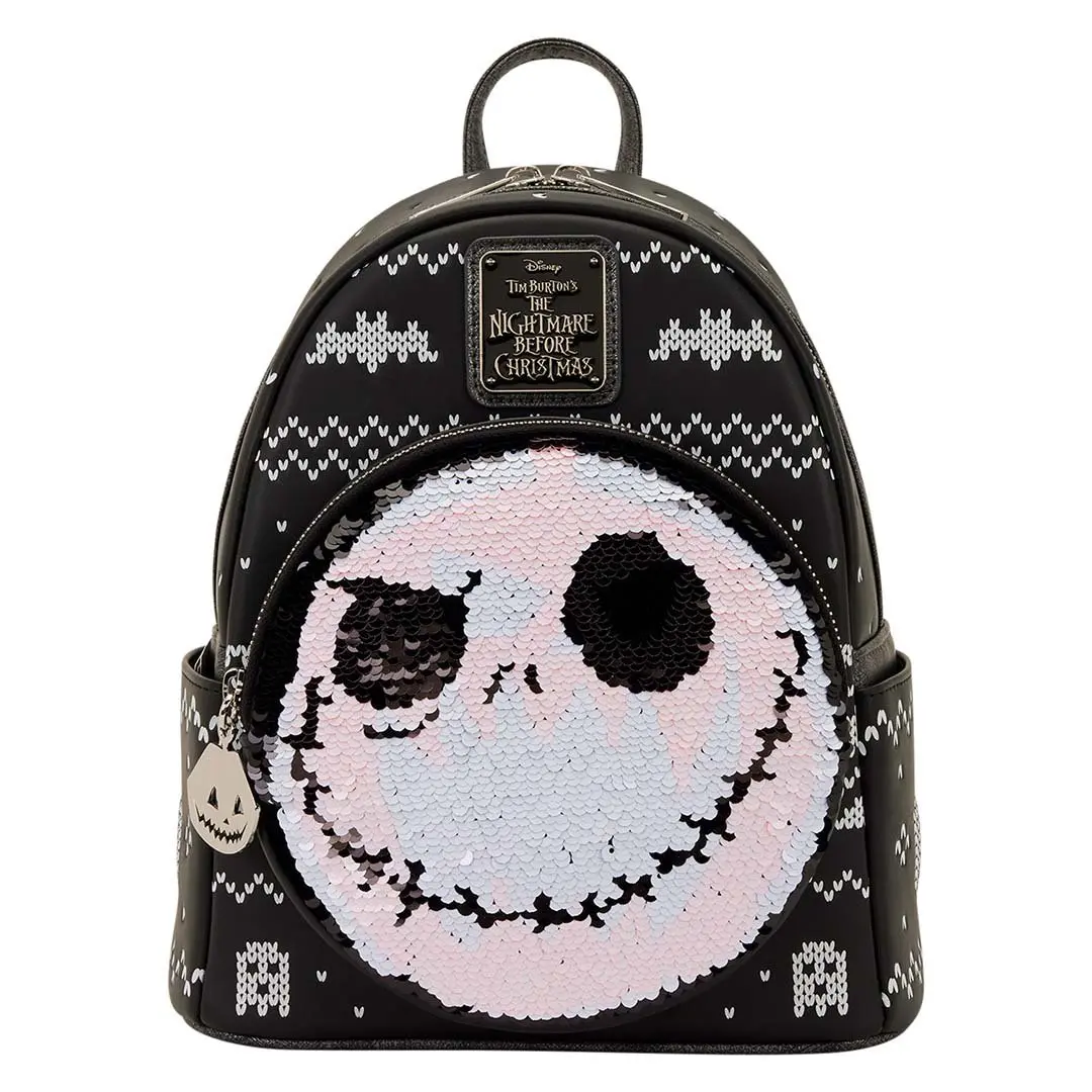 Loungefly Disney The Nightmare Before Christmas Adults' Jack Skellington Graphic Print Holiday Sweater Faux Leather Mini Backpack Purse - Basic, Reversible Sequins, Embossed, Molded Metal Zipper Charm, Adjustable Strap, 9”W x 10.5”H x 4.5”D, Casual Wear,