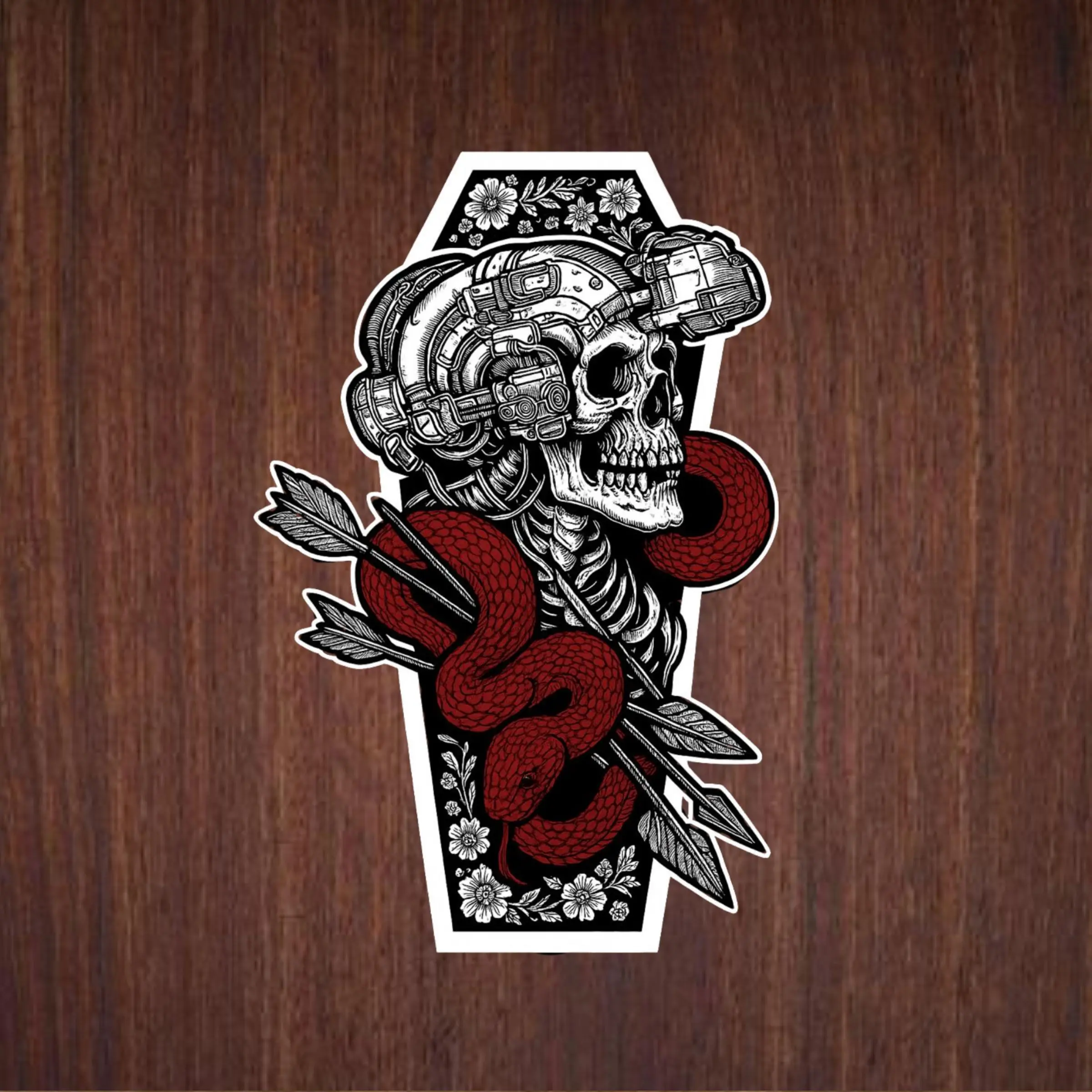 Snake Wrapped Skull Tactical Sticker, Red Serpent and Night Vision Skull Art for Military Fansl, Sticker Vinyl Waterproof 2x2 to 6x6inches