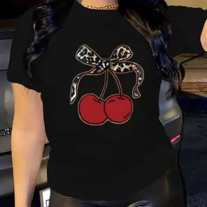 Huggy Wuggy Women's Cherry Bow Print Casual Crew Neck T-Shirt Unisex Vintage Graphic Summer Streetwear Outfits