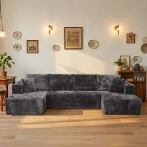 HSECOYAY Oversized 131.8" U Shape Cloud Couch Plus Sectional Sofa with Chaise Modern Modular Sofa with 6 Soft Pillows & Lounge Chairs Boneless Upholstered Couches for Living Room Bedroom Plush Corduroy Fabric Dark gray