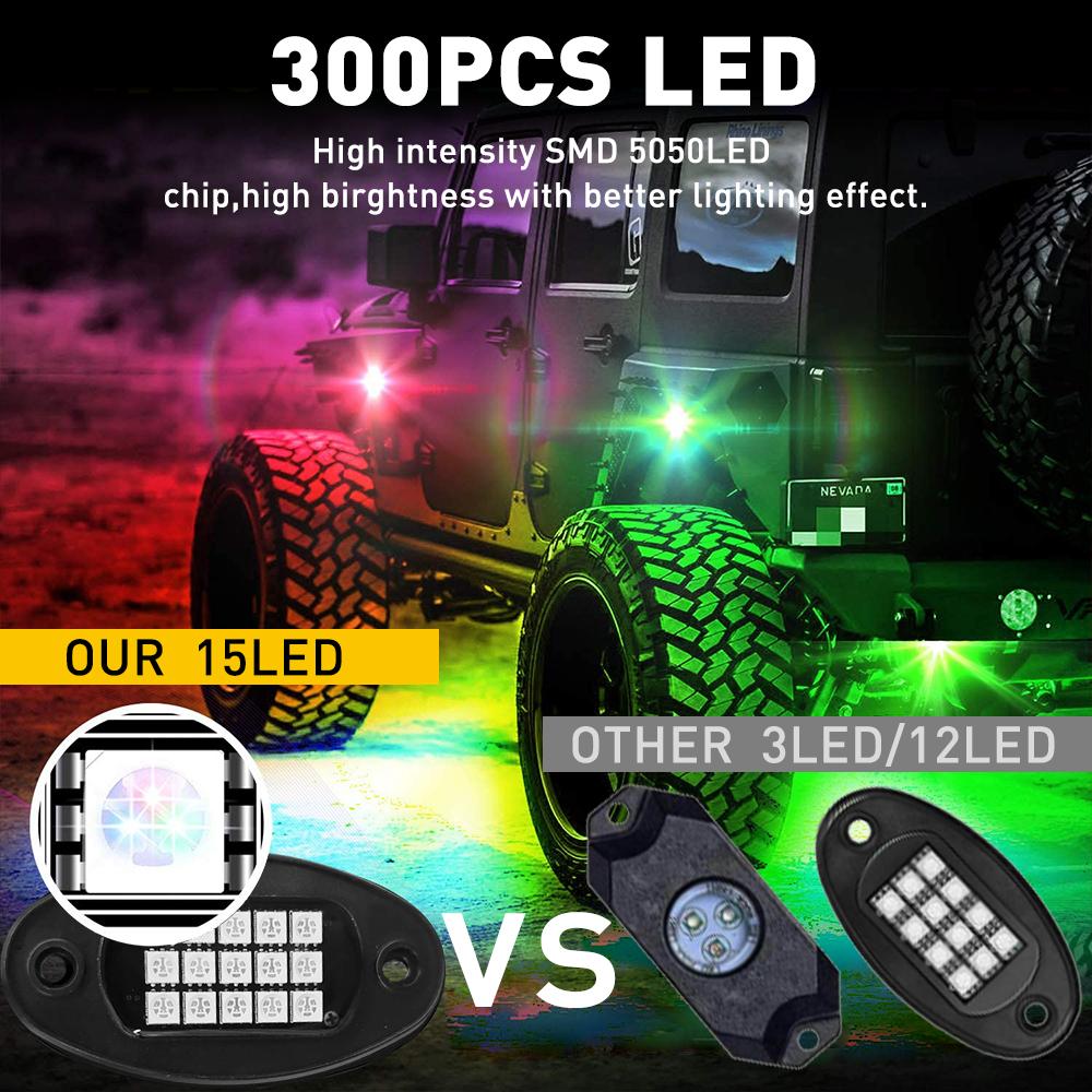Multicolor RGB Rock Lights, 8/10/12/20 Pods Multicolor RGB LED Rock Lights Kit  Offroad Truck Underbody Neon , Bluetooth APP/Remote Control, Flashing Music Mode Wheel Well Light, For Pickup Truck ATV UTV RZR SUV