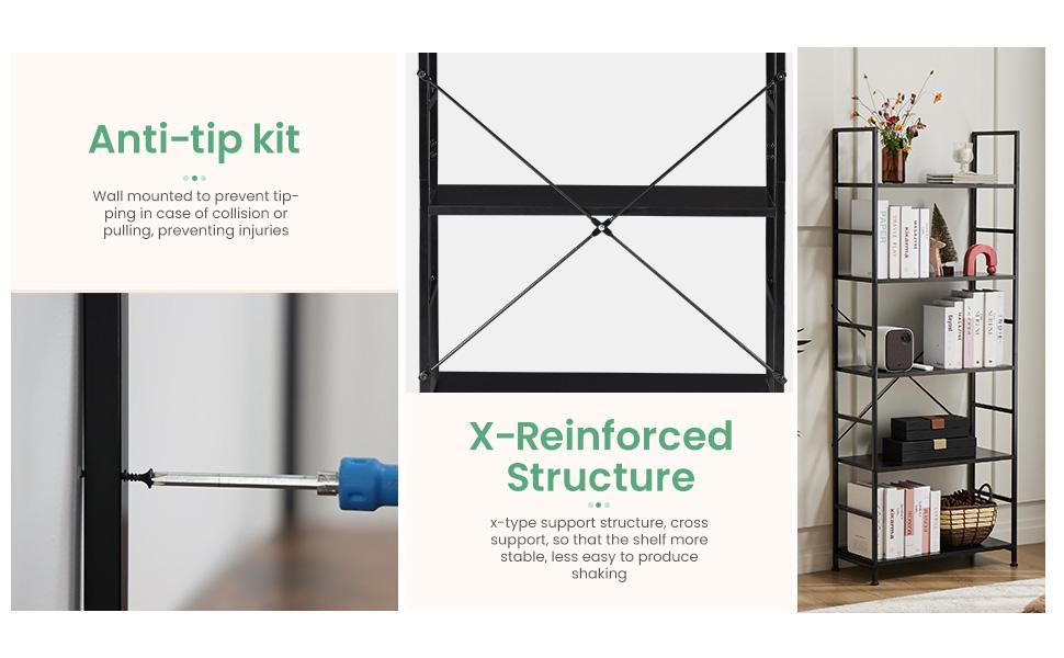 HomeSquad 5-Tier Tall Bookshelf: Classically Modern Storage Organizer for CDs, Movies, and Books in Home Office, Living Room, Kitchen, and Bedroom. Metal Racks