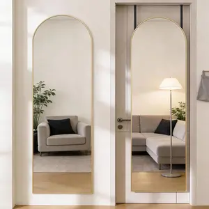 47x14 Wall Mounted Full Length Mirror, Arched or Rectangular Full Body Mirror with Aluminum Frame, Vertical Hanging or Leaning Mirror for Bedroom, Living Room, Entryway (Black/Gold)