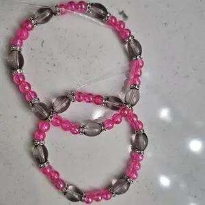 Pair of Beaded Bracelets 'Think Pink' -7.5 Inches Beach Theme Beaded Design for Everyday Wear or Beach Outings