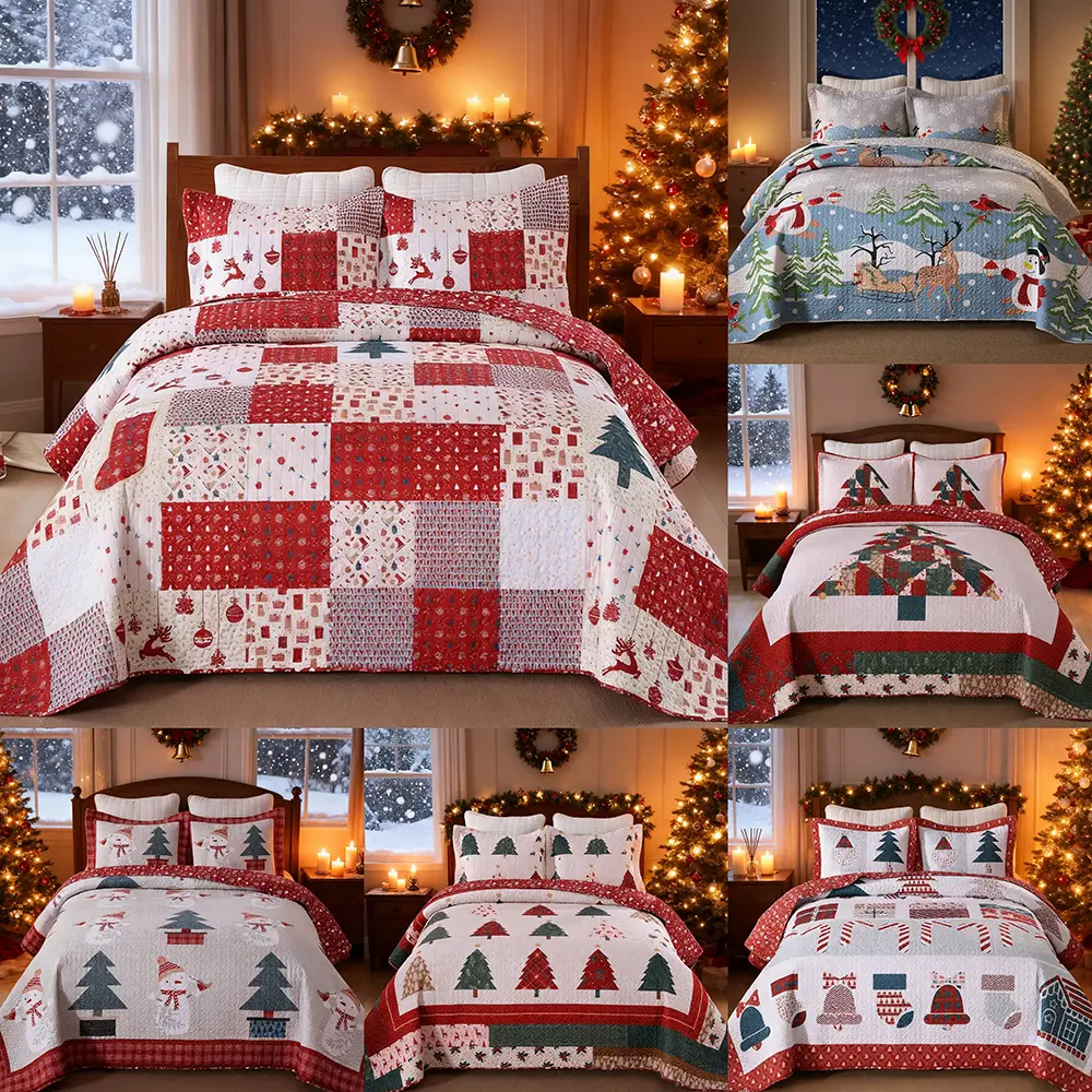 3 Pieces Christmas Quilt Bedspread Set, Snowflakes Holiday Theme Bedding Set for Home Decor