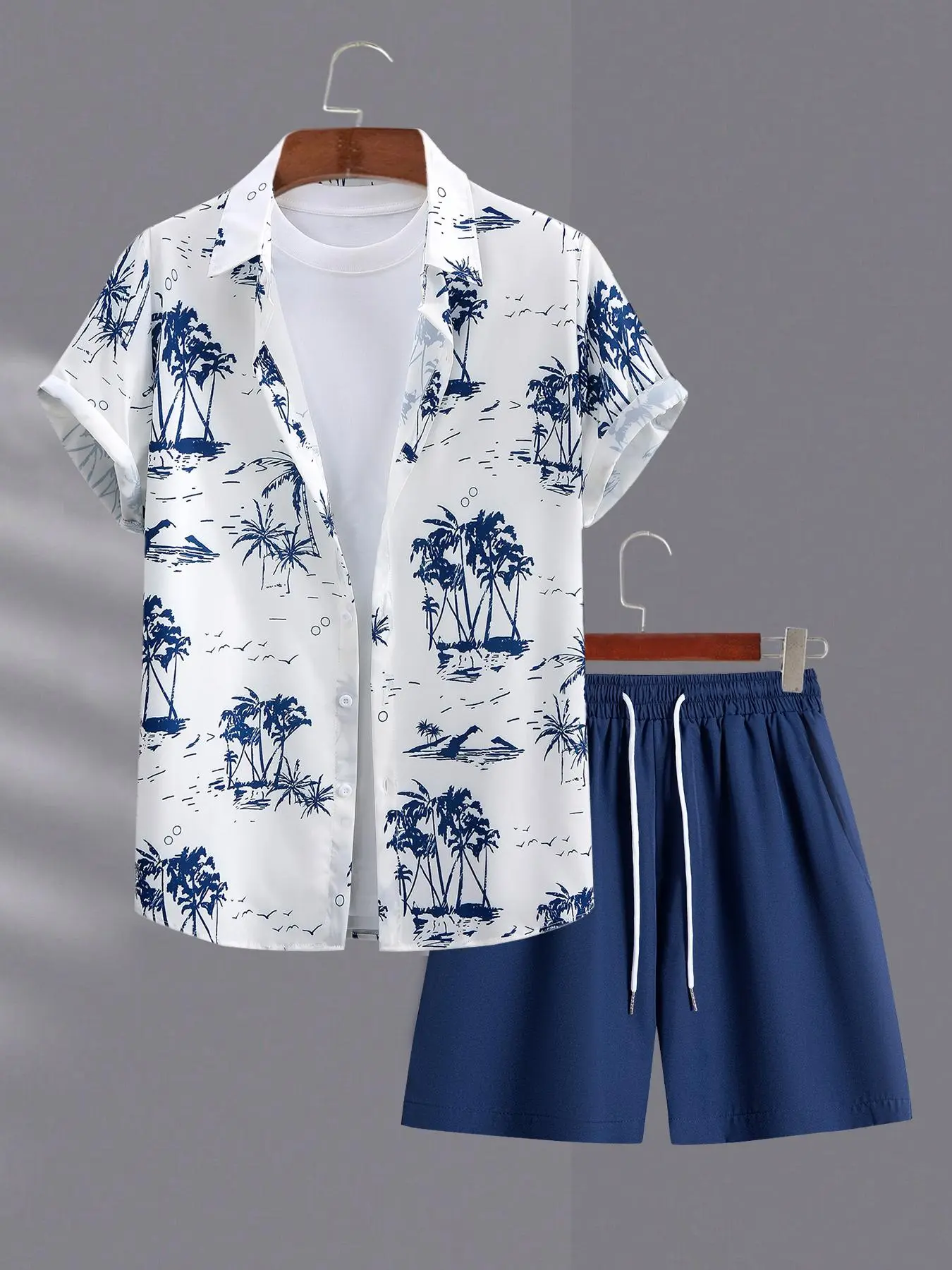 Men's Tropical Coconut Tree Print Shirt & Shorts Matching Set, Regular-Fit Casual Short Sleeve Button-Up Top & Drawstring Waist Shorts, Summer Outfits, Resort Wear Set, Two Piece Set