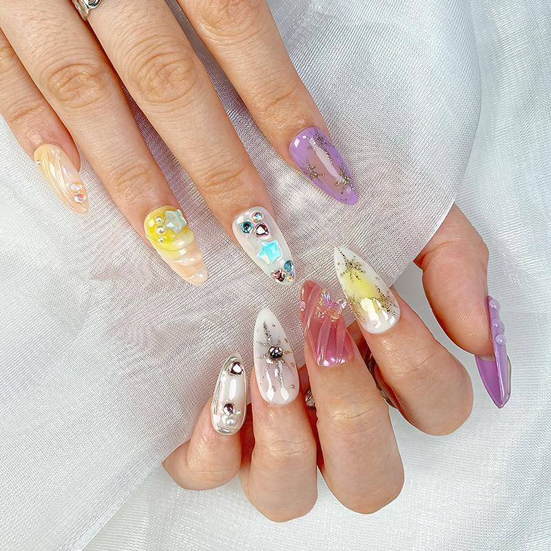 Reusable Press-On Nails Glossy Gel Finish Short Coffin Almond Easy Apply Remove Strong Hold Nail Kit for DIY Home Manicure with Nail File Glue and Storage Box