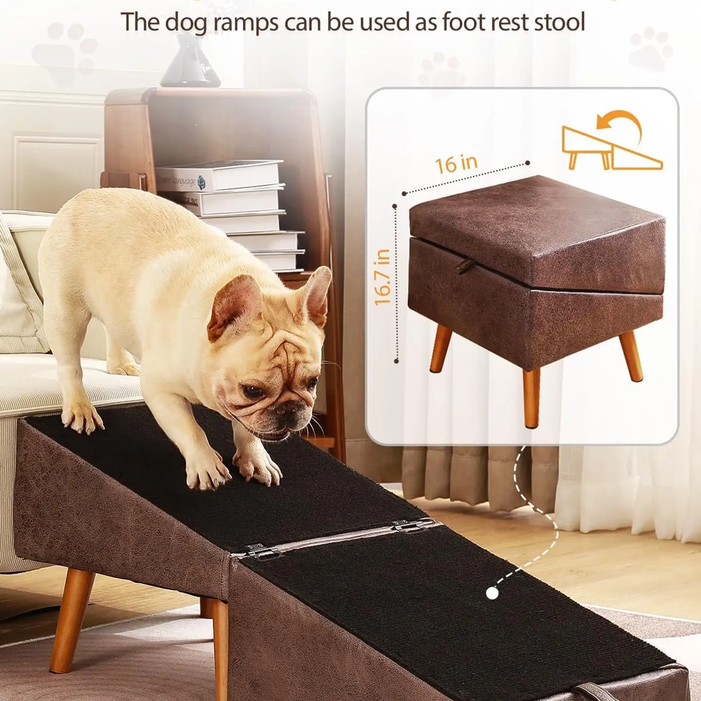 13.5in Solid Wood Construction Foldable Ottoman Dog Ramp Stool - Split-Type Detachable Pet Stairs with Anti-Slip Mat for Small Dogs