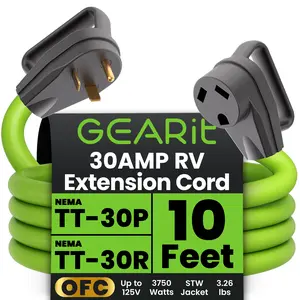 30-Amp Extension Cord for RV and Auto, 125-Volt, 3-Prong, 10/3 STW 10AWG Gauge 3 Wire, NEMA TT-30P to TT-30R, Outdoor, Waterproof, Outdoor Camper Power Cord