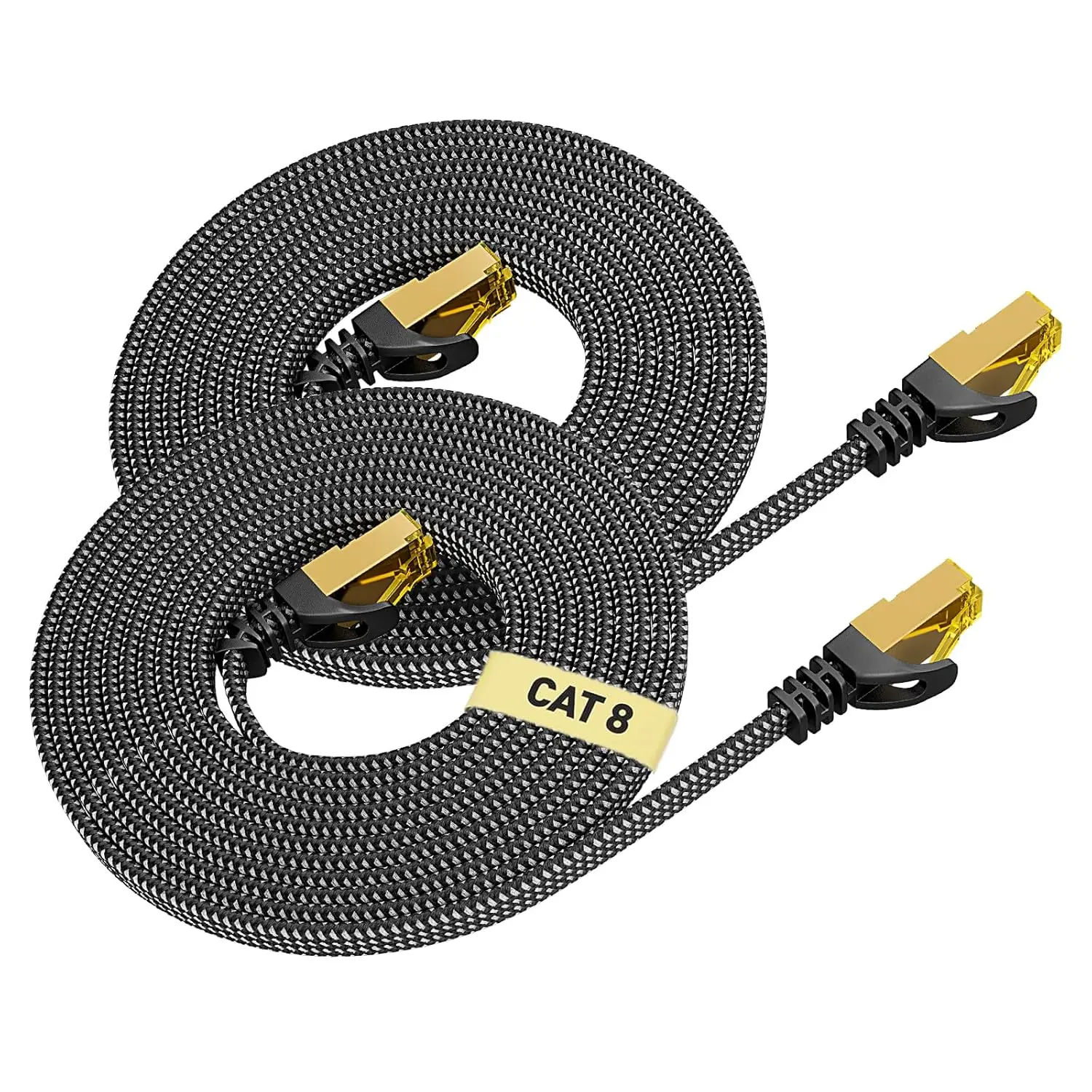 YYTEEK 2-Pack 100FT Flat Cat 8 Network Cable, Nylon Braided Shielded Durable Indoor RJ45 Ethernet Cord, 40Gbps High Speed, 2000MHz Bandwidth, Compact Form for Gamers, Gaming PC, Consoles