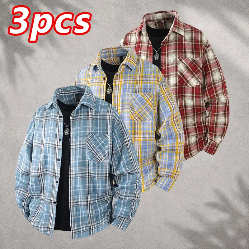 Men’s 3-Pack Loose Fit Plaid Flannel Shirts, Multicolor Long-Sleeve Casual Street Style Menswear Tops summer men clothes cute shirts