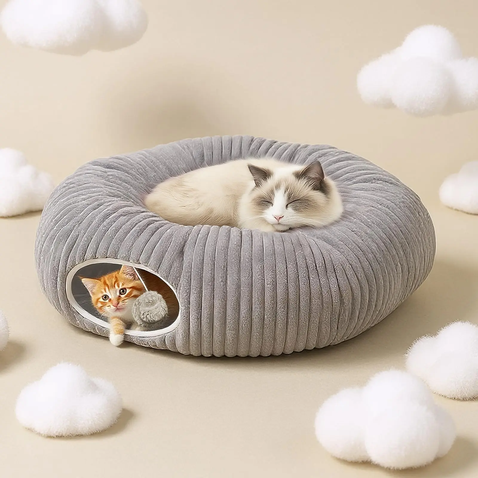 Cat Tunnel Bed for Indoor Cats, Peekaboo Cat Cave Bed, Detachable and foldable multifunctional cat bed Cat Bed Soft Cat Donut Tunnel for Kitten Large Cats, Grey Fluffy Cloud Bed Mats Bedding