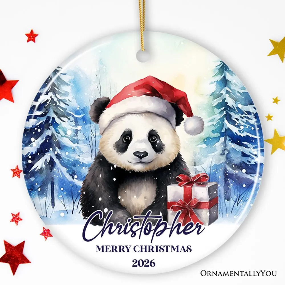 Panda with Santa Hat Personalized Ornament, Winter Forest Christmas Gift With Custom Name and Date
