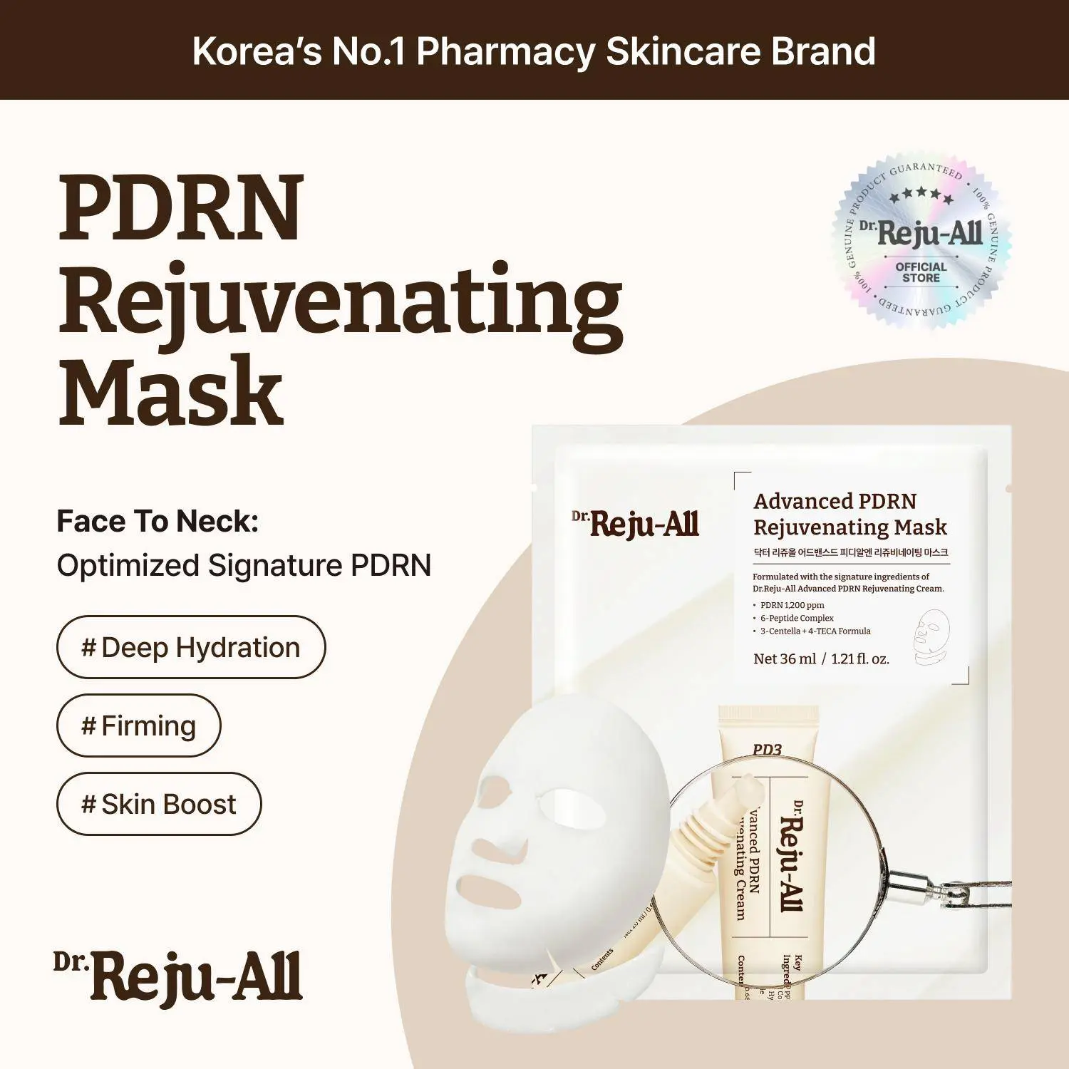 [Official] Dr.Reju-All Advanced PDRN Rejuvenating Face & Neck Korean Sheet Mask - 1200 ppm PDRN, Collagen, Copper Peptides, Moisture, Soft Breathable Sheet, Jelly Texture, Firming & Lifting, Redness Relief, Gentle for Sensitive Skin (1.2 Fl Oz x 4EA)