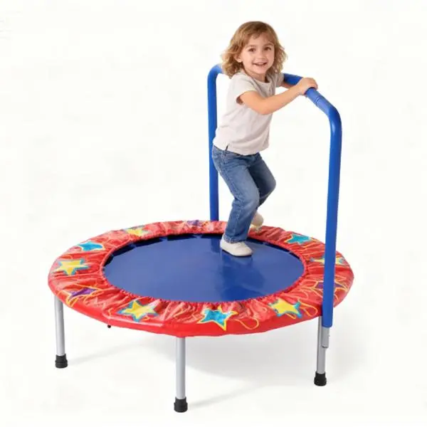 SkyBound 36-Inch Mini Trampoline for Kids Ages 3-4, Round Compact Sports Jumper with Safety Handle and Reinforced PP Mat for Indoor Outdoor Play