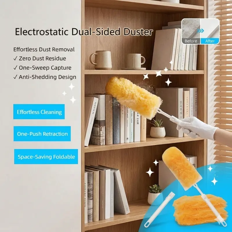 Electrostatic Dual-Sided Lint-Free Duster Refill Kit - 10 Indoor Refills, Soft, Compact, Durable, Washable, Lightweight, Recycled Adjustable Metal Handle, 360° Rotatable Swivel Head for Multi-Surface Effortless Home Cleaning, 10 Refills