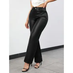 Women's Solid Color Pocket Button Fly Pu Leather Pants, Elegant Fashion Casual High Waist Trousers for Daily Outdoor Wear, Ladies Bottoms for All Seasons