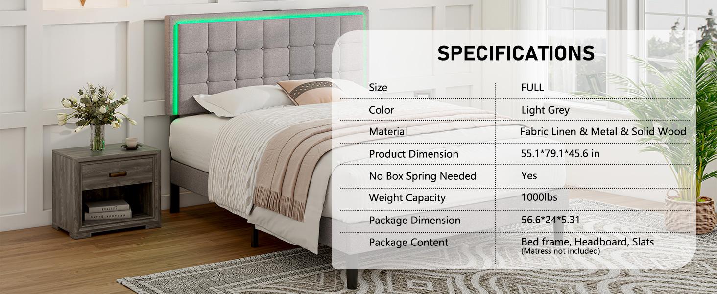 AMERLIFE Bed Frame with LED Headboard, Linen Button Tufted Upholstered Platform Bed with USB Charging Station, Strong Wooden Slats Support, No Box Spring Needed