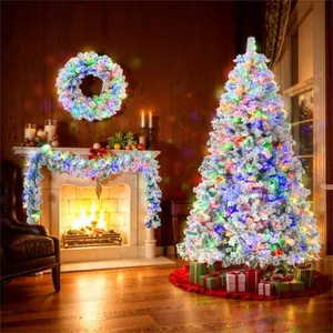 6FT Snow Flocked Christmas Tree Pre-Lit Set with Tree Garland Wreath Artificial Hinged Xmas Tree with Colorful LED Lights 8 Modes Pine Cones Holiday Décor for Home Ornaments
