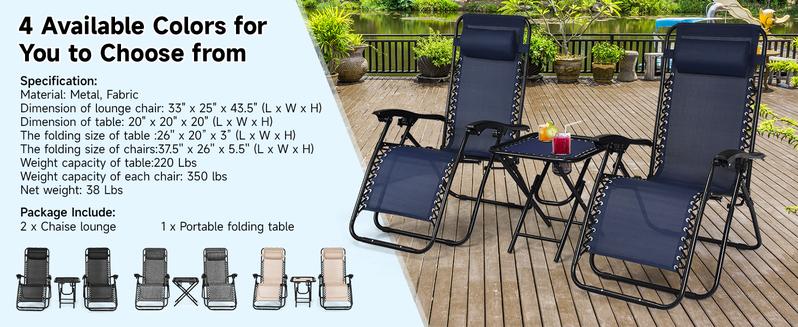 COSTWAY Zero Gravity Chairs Set of 2, 3 PCS Folding Zero Gravity Lawn Chair Set with Side Table Cup Holders & Adjustable Headrest, Reclining Patio Chairs, Zero Gravity Lounger for Patio Poolside-Deals for You Days