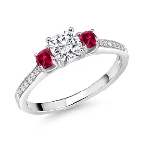 1.00 Cttw White Moissanite and Red Created Ruby Ring For Women | 925 Sterling Silver | 5MM and 3MM Cushion | Three Stone Wedding Engagement Anniversary Promise Ring