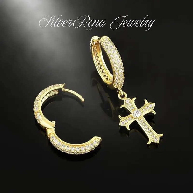 Asymmetrical Cross Huggie Earrings with Sparkling CZ Design, 18K Gold Plated and Synthetic Obsidian Hoop Earrings, Punk Gothic Style, Christians, Mysterious Style Perfect for Daily Wear, Unisex Gift for Friends
