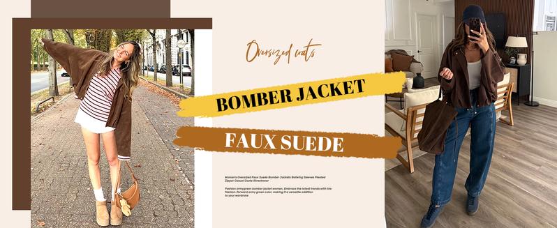 HVEWARM Women's Faux Suede Bomber Jacket Fall Winter Lapel Pilot Coat Casual Oversized Long Sleeves Zip Up Trendy Streetwear Outerwear Soft Luxe Look Classic Trendy Twist