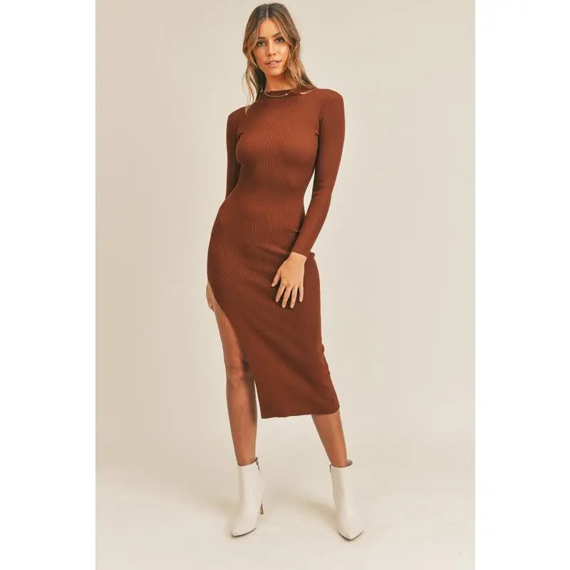 Chocolate Brown Ribbed Knit Midi Dress – Long Sleeve Bodycon Sweater Dress for Fall & Winter