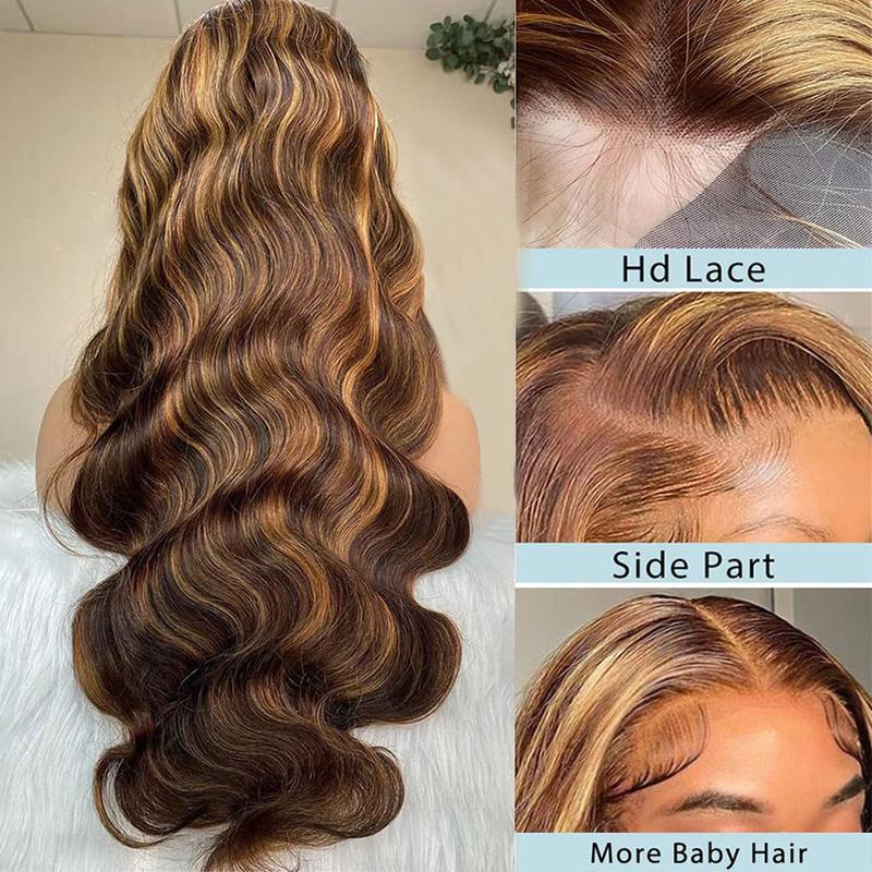 P4 27 Highlight Body Wave Human Hair Wigs HD 13x6 Lace Frontal Wigs Pre Plucked Body Wave Lace Front Human Hair Wigs For Women 180% Density
