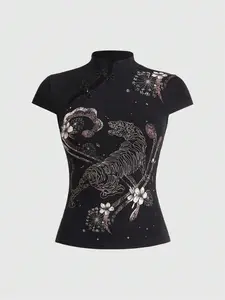 AngleKiss Avant Distinctive Chinese Style Mandarin Collar Chinese Tiger Print Slim Fit Women Top