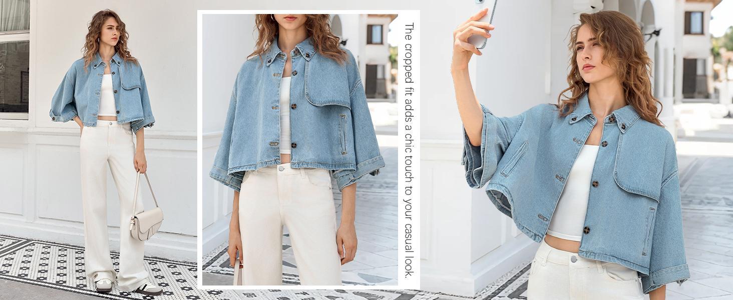 Imily Bela Womens Cropped Denim Jackets Casual Button Down Jean Shirt Shacket Loose 3/4 Sleeve Coat with Pockets