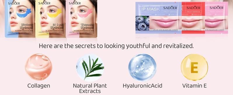 30PCS Lip Masks & Gel Eye Masks,Crystal Collagen Eye Patches for Puffy Eyes, Moisturizing& Reducing Fine Lines Dark Circle eye Patches for Women Men