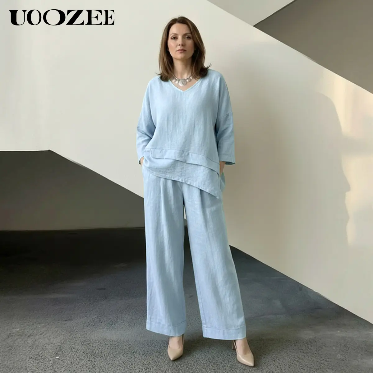 UOOZEE Women's Casual 2-Piece Set - Spring Summer Trendy Loose Elastic Waist Wide-Leg Pants with Pockets & Oversized V-Neck Top, for Casual/Work Wear, Women's Casual 2 Piece Sets