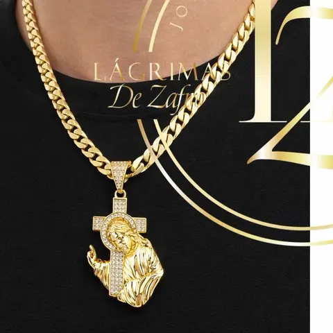 Cuban Chain with Jesus Cross Pendant 8mm Wide Gold-Tone Necklace Jewelry 22, 24, 26 inches available