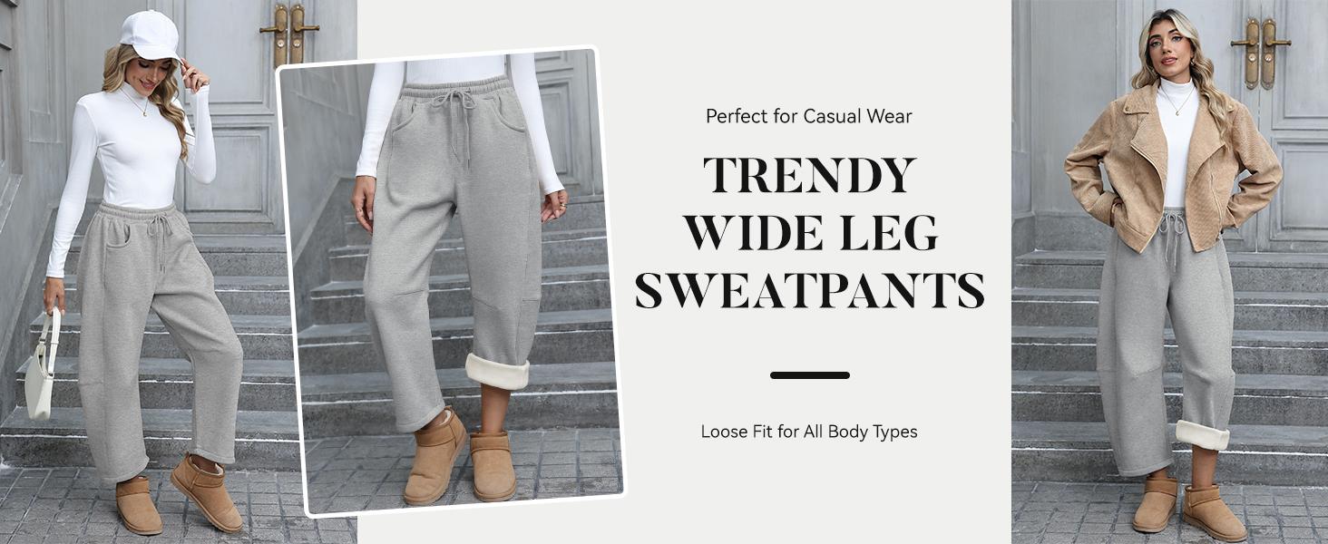 Tanming Women's Barrel Leg Pants Basic or Fleece Lined Elasticated Waist and Soft Wide Leg Pants with Pockets Casual All-Season Sweatpants