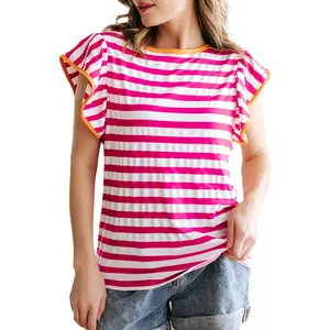 Striped Ruffle Sleeve Crew Neck Blouse