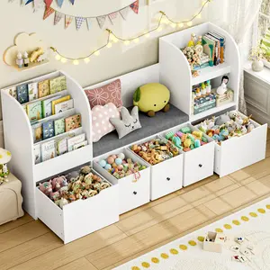 FOTOSOK 71” Kids Bookshelf with Reading Nook, Toy Storage Organizer with Seat Cushion and 2 Movable Drawers & 3 Toy Chests, Kids Reading Nook Toy Organizers and Storage with Bench for Playroom