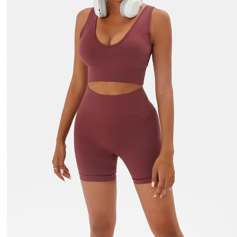 Solid Seamless Crop Sports Top & High Waist Shorts Set Workout Gym Yoga Snatched Body Sports Outfits Clothing for Women Tummy Control Hip Lift