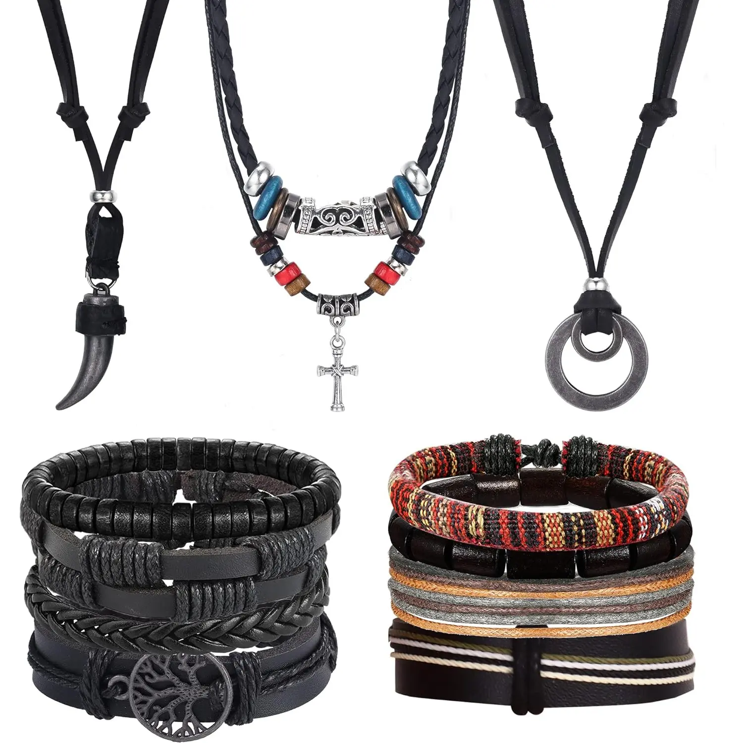 Sanfenly Unisex 2-Piece Costume Jewelry Set - Adjustable Vintage Leather Chain Necklace (Tribal Wolf Tooth, Wood Beads, Cross Pendant), Braided Leather Bracelet (Brown, Black Options) | Casual, Punk, Ethnic-Inspired Jewelry Sets, Casual Jewelry Sets