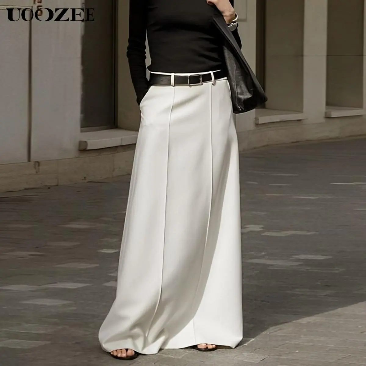 UOOZEE Women's 2026 Basic Minimalist Solid Color H-Shaped Long Flowy Maxi Skirt - 100% Polyester Spring Thin Fabric, Elegant Loose Fit, Pockets, Zip Closure, Old Money Style, Seamless Leggings Compatible, for Day Outings, Commuting | Women's Bottom