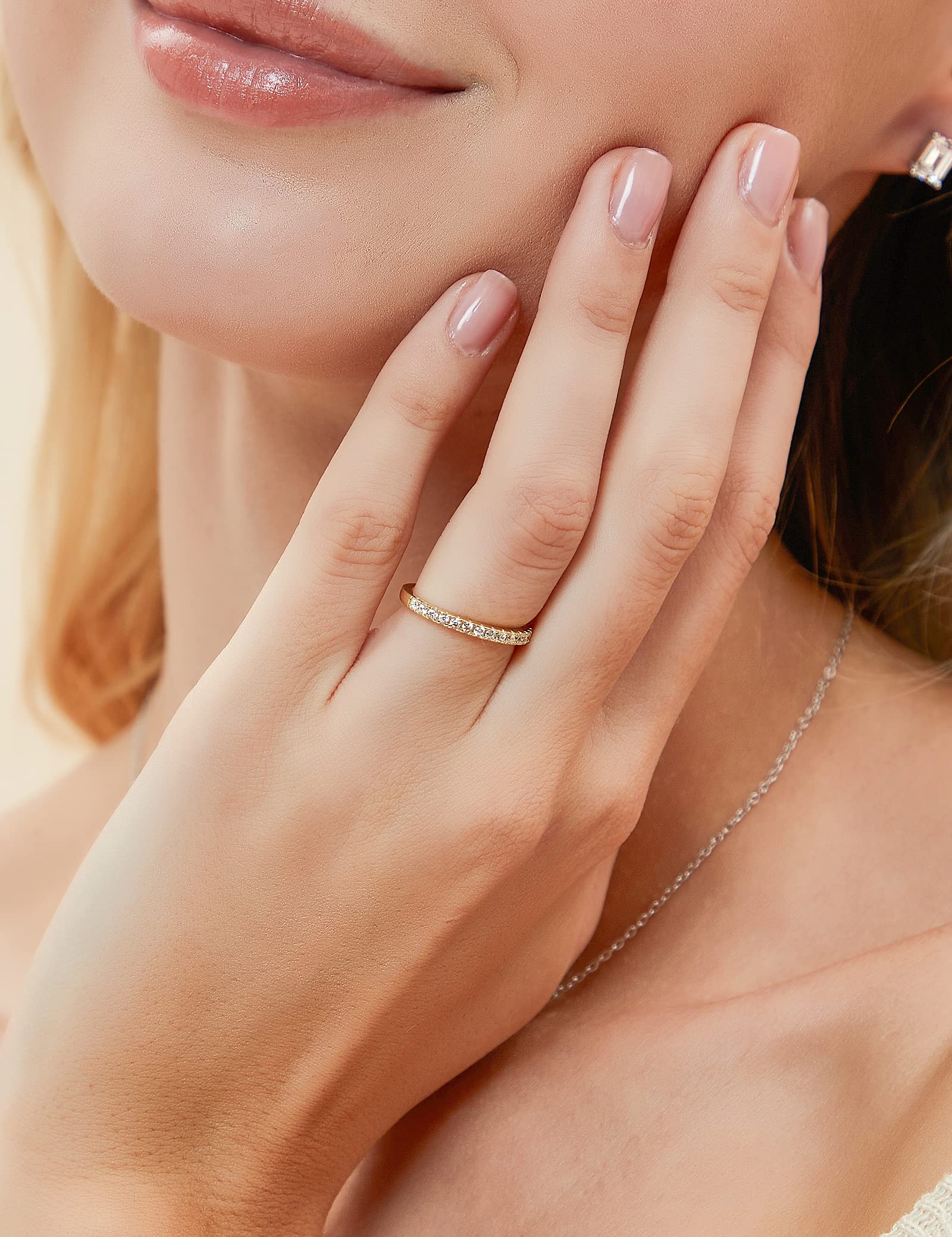 EAMTI 2mm 925 Sterling Silver Wedding Band Cubic Zirconia Half Eternity Stackable Engagement Ring