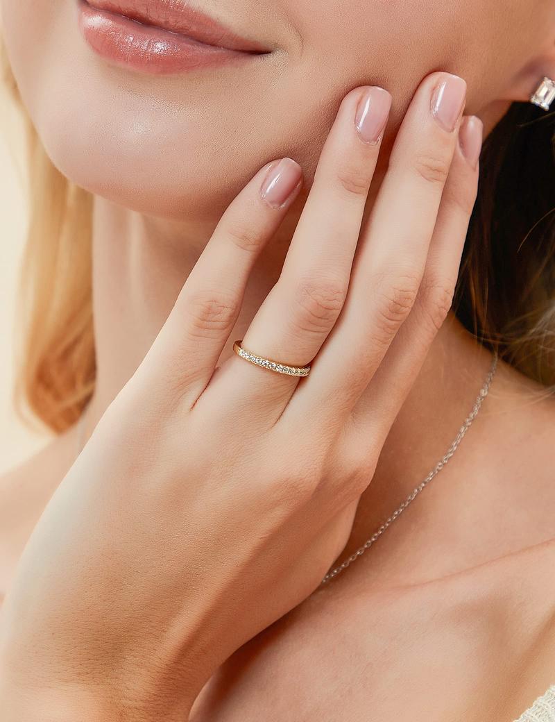 EAMTI 2mm 925 Sterling Silver Wedding Band Cubic Zirconia Half Eternity Stackable Engagement Ring