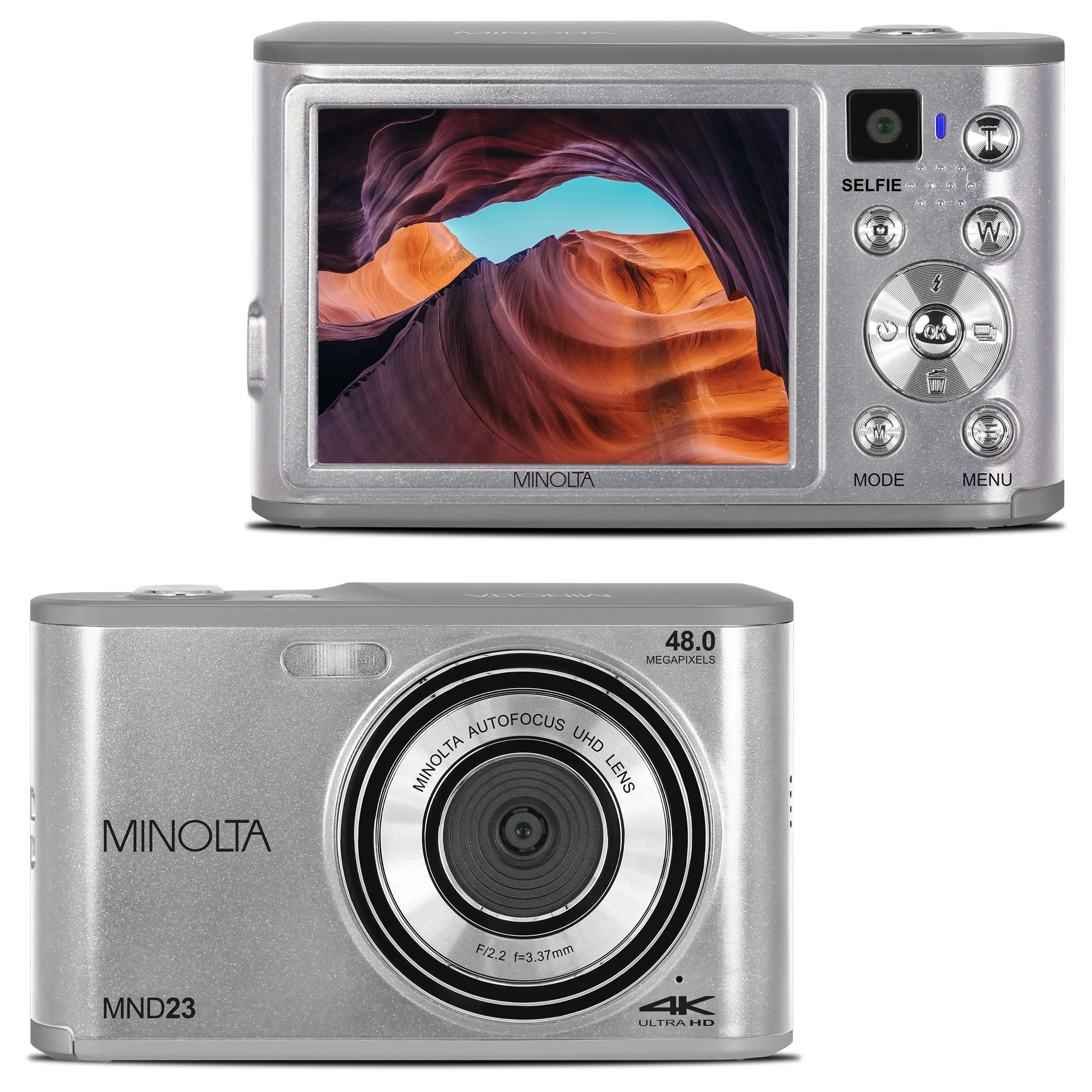 Minolta 48MP Digital Camera with Rear Selfie Lens – 4K Ultra HD Video, 2.8" LCD Screen, 16X Digital Zoom, Autofocus, Slow Motion, Time Lapse, Filters, Scene Modes, 32GB Card Included (Silver) Compact Memory