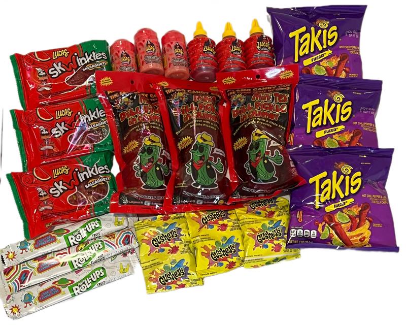 Family Three Pack Chamoy Pickle Kits with Takis, Lucas Powder, Liquid Lucas, Salsaghetti Skwinkles, Gushers and Fruit Rolls Ups Snacks Snack Gift
