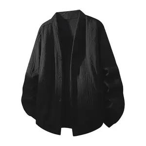 Men's casual simple versatile double-layer twisted button ribbed texture knitted diamond pattern cardigan knitted crew neck sweatshirtGift