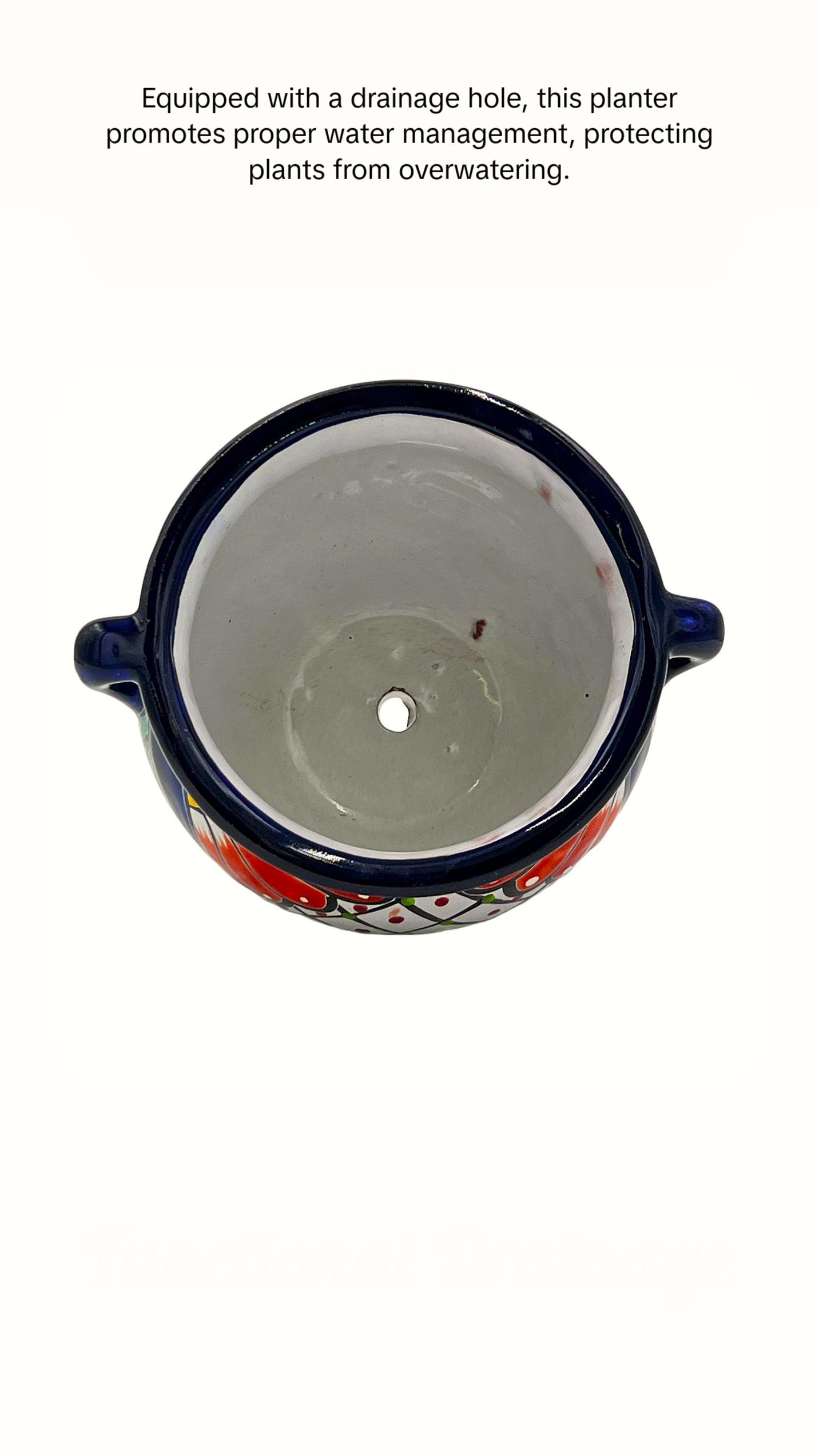 Michoacano Mexican Talavera Garden Pot - Dark Blue Trim