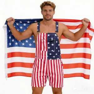 American Flag Short Bib Overalls for Adults, Comfortable Stretch Denim USA Patriotic Outfit for Memorial Day and World Cup Parties
