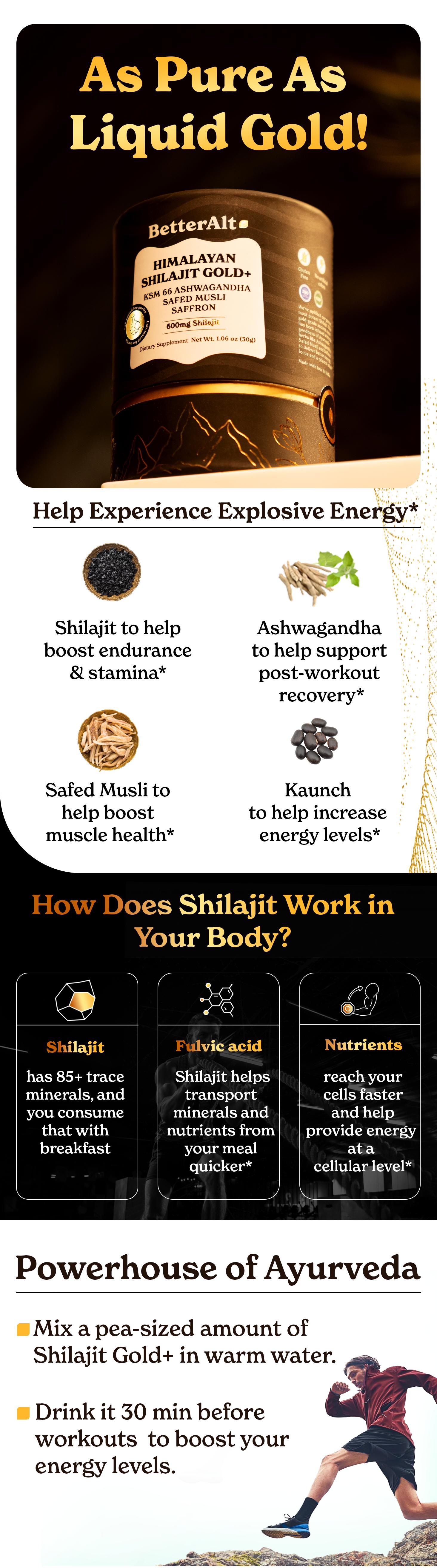 BetterAlt Himalayan GOLD+ Shilajit Resin with KSM-66 Ashwagandha | Lab-tested | Pre-Workout for Muscle Recovery, Gym Performance | 2-Month Pack