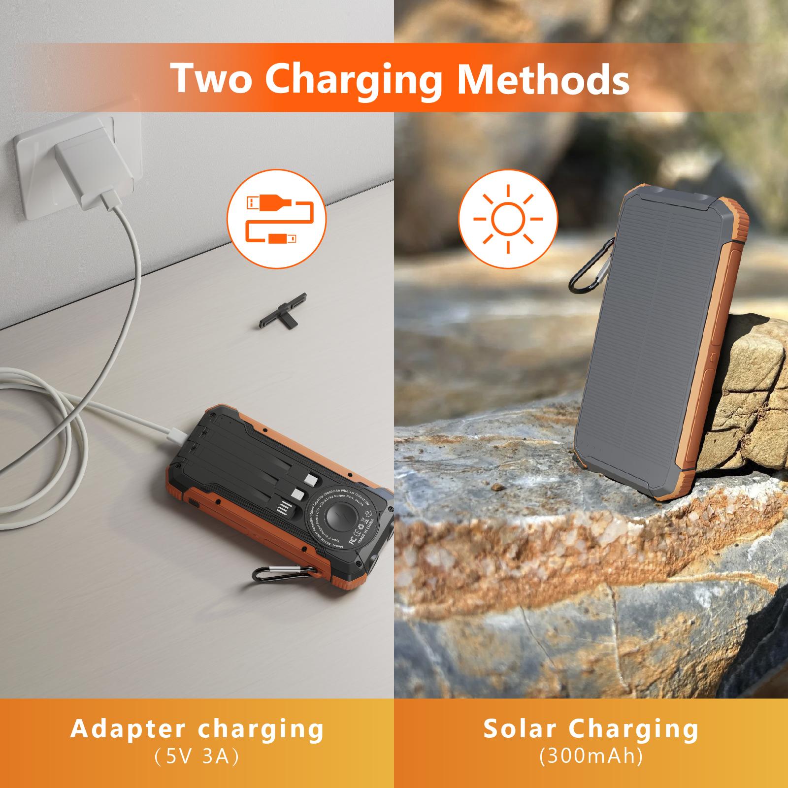 20000mAh Solar power bank PD 15W Fast Solar Charger with Foldable Panels 4 Foldable Panels 15W Wireless Built-in Cables USB-C In/Out Camping Hurricane Emergency Smart iPhone 17 Compatible Chargeable Power Bank Travel Battery Pack power bank