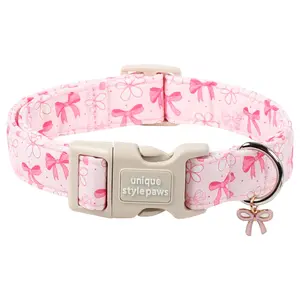 Unique Style Paws Cute Pink Bow Dog Collar, Adjustable Cotton Accessory with Bow Pendant - Soft Puppy Collar for Small Medium Large Dogs
